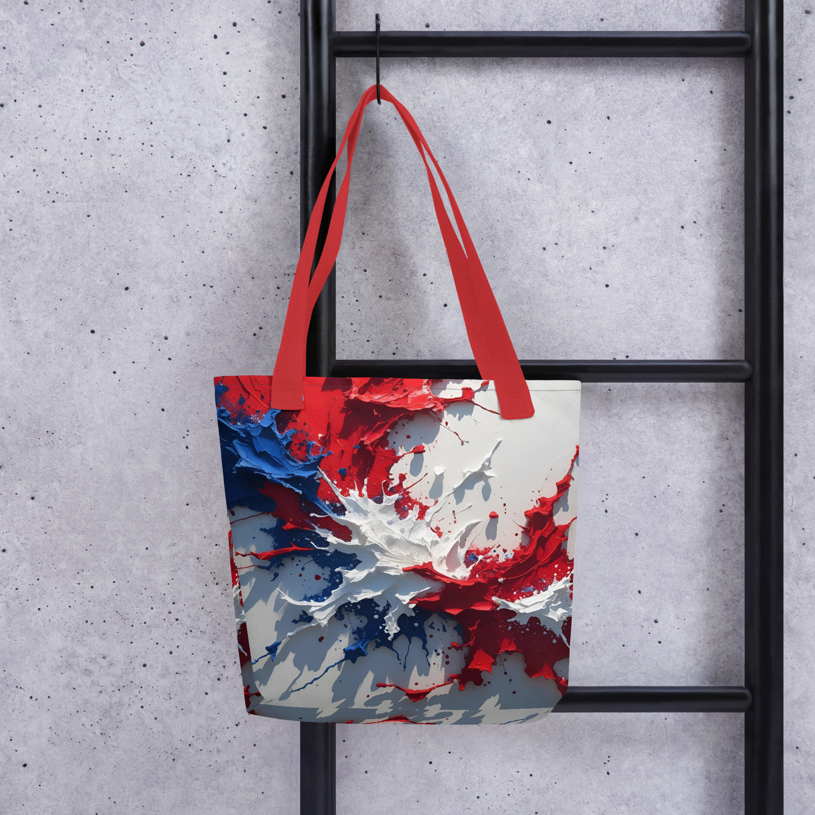 Red White Blue Paint Splatter Tote Bag 15×15 USA Patriotic Canvas Style Gift