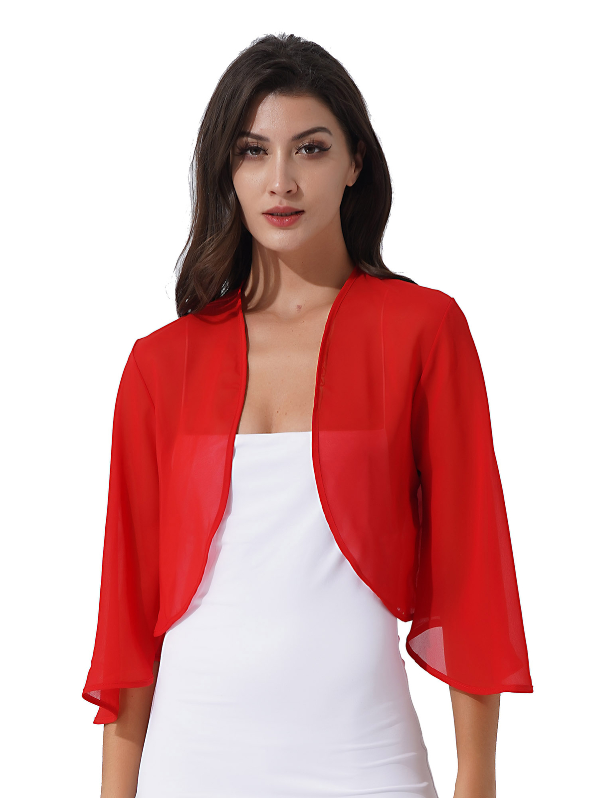 US Women’s 3/4 Sleeve Shrugs Cropped Cardigan Chiffon Bolero Open Front Jacket