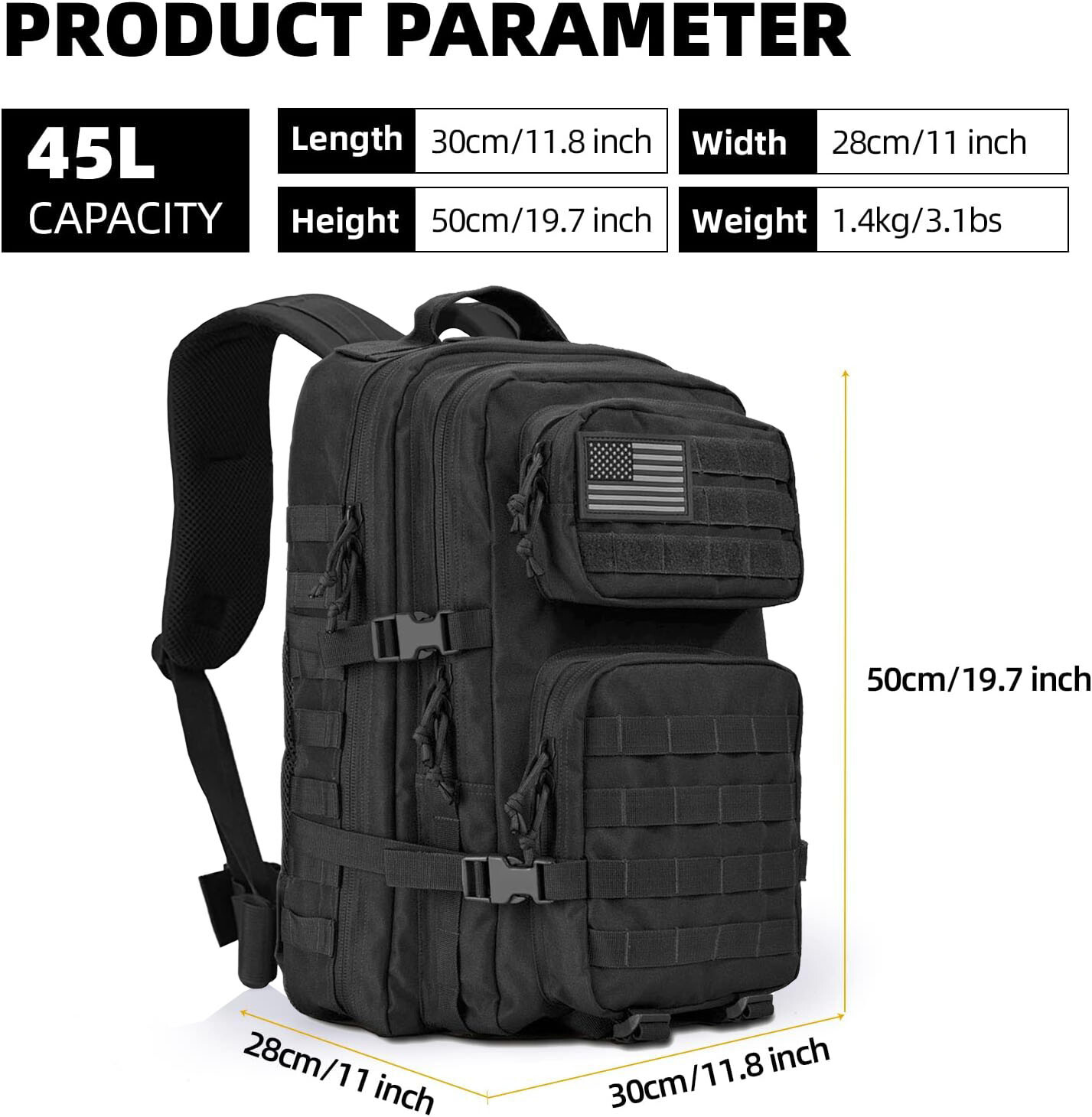 45L Large Military Tactical Backpack Army Molle Bag Rucksack 3 Day Assault Pack