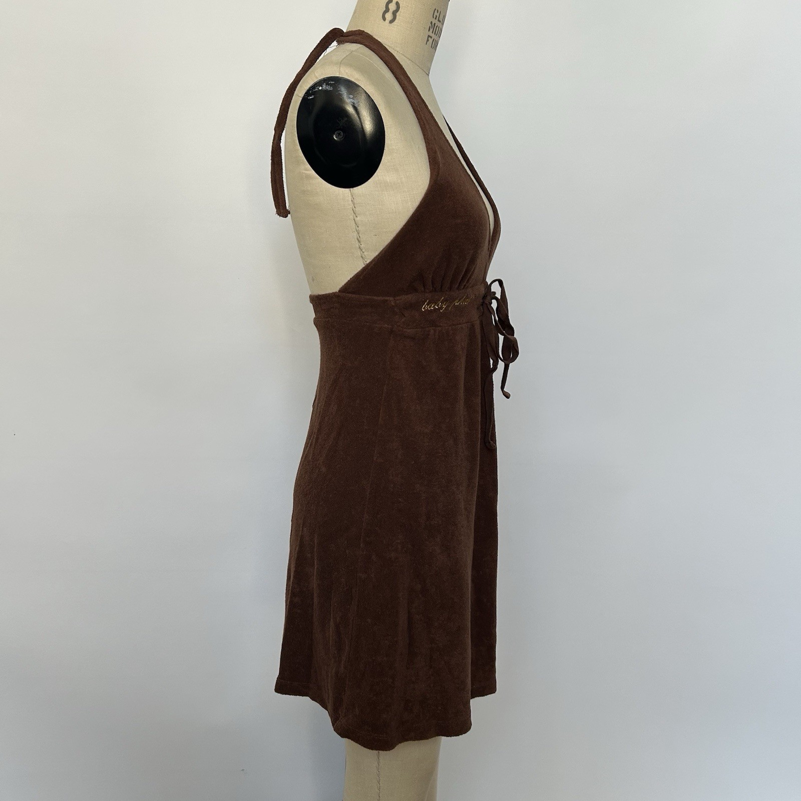 Baby Phat Brown terry cloth halter dress with gold cat outline