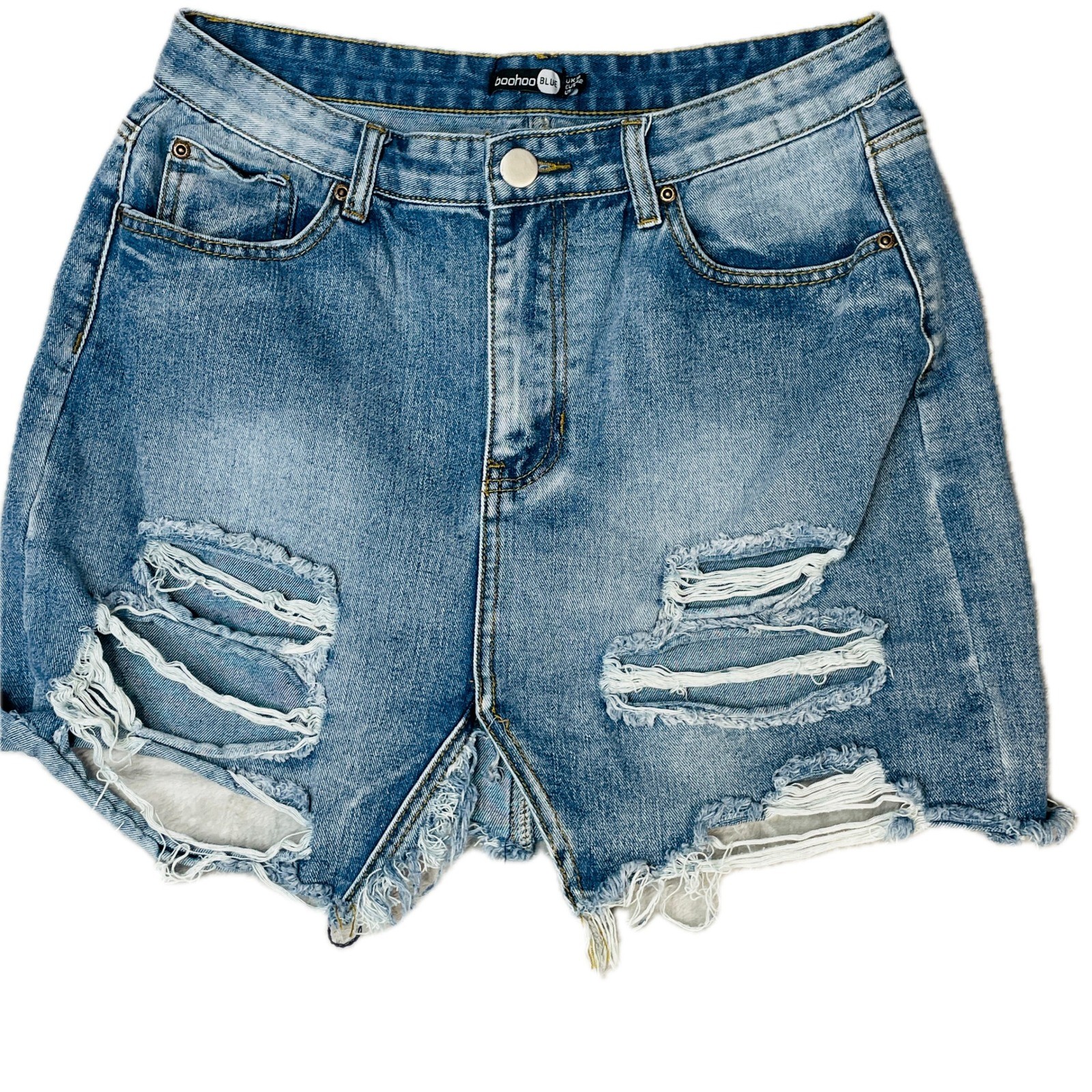 Boohoo Skirt WOMEN 10 Blue Distressed Denim Mini Skirt Raw Hem Casual Edgy