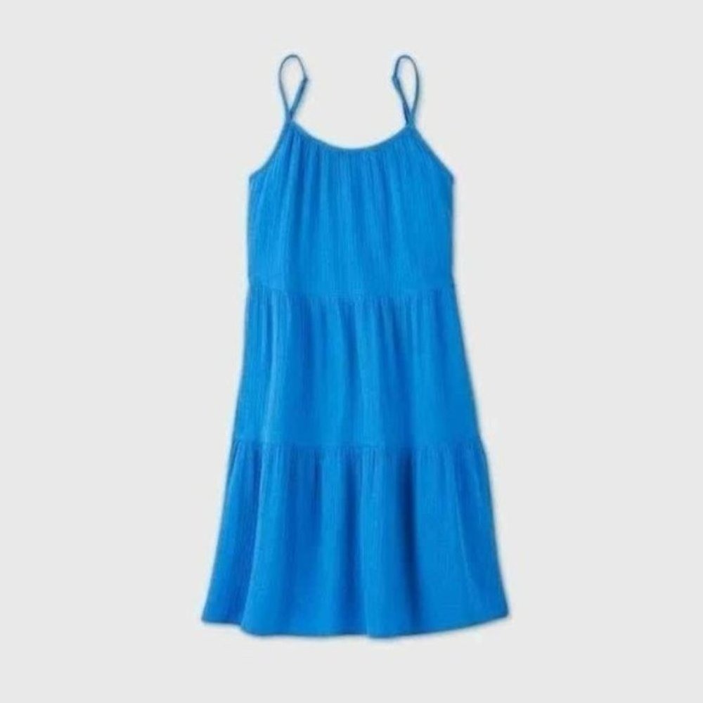 Blue Tiered Mini Dress Spaghetti Strap Summer Casual Pockets XXL