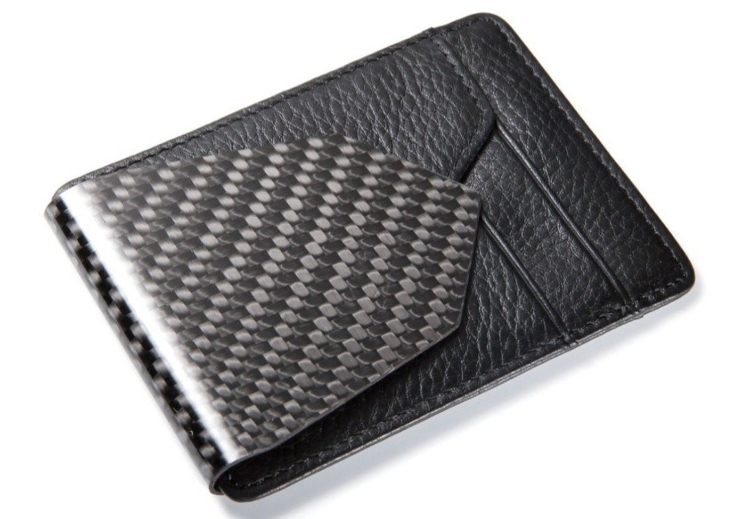 Carbon Fiber Money Clip With Black Leather Wallet