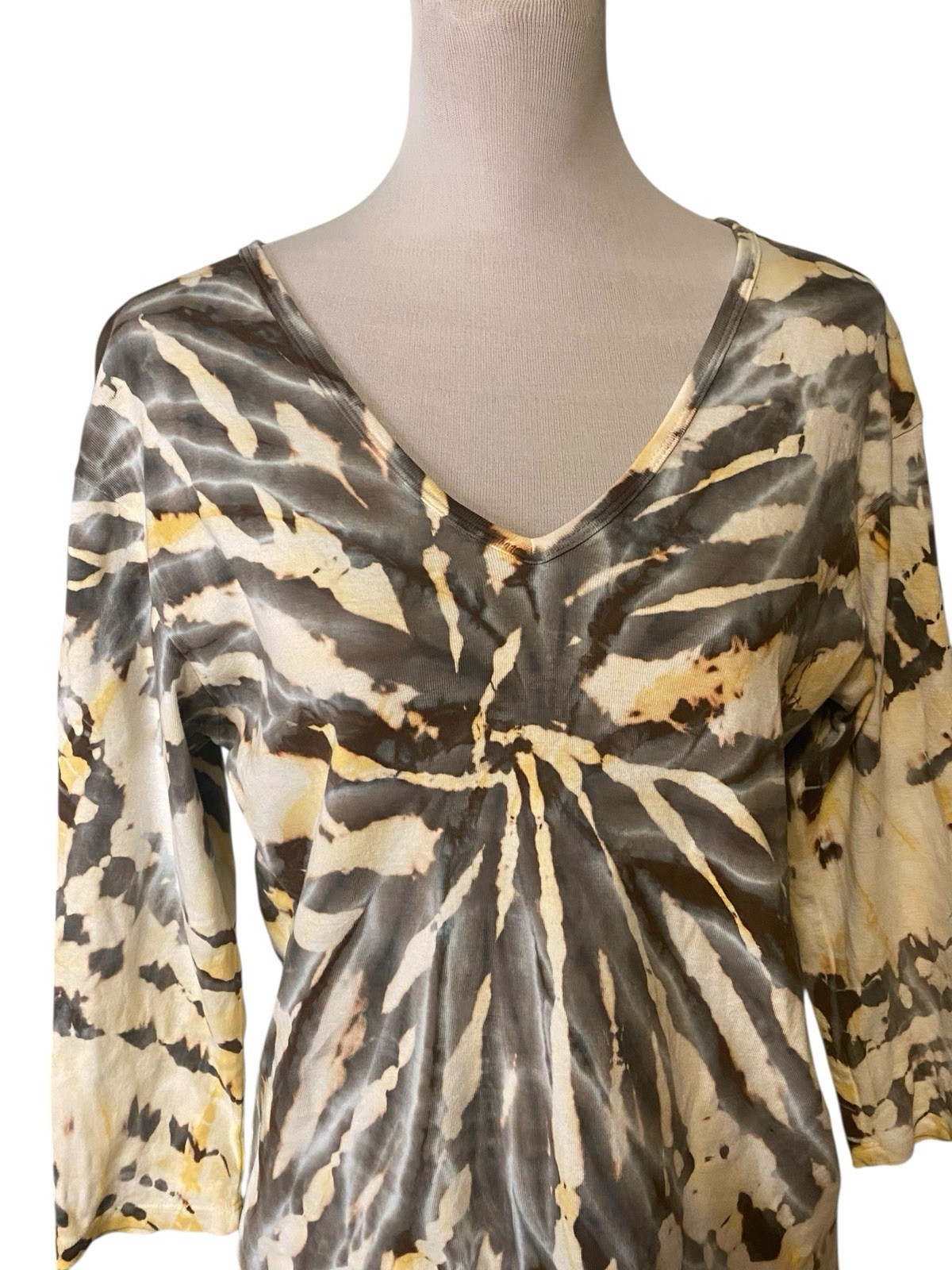 Glima 100% Cotton Boho V-neck 3/4 Sleeve Shirt Yellow Gray XL