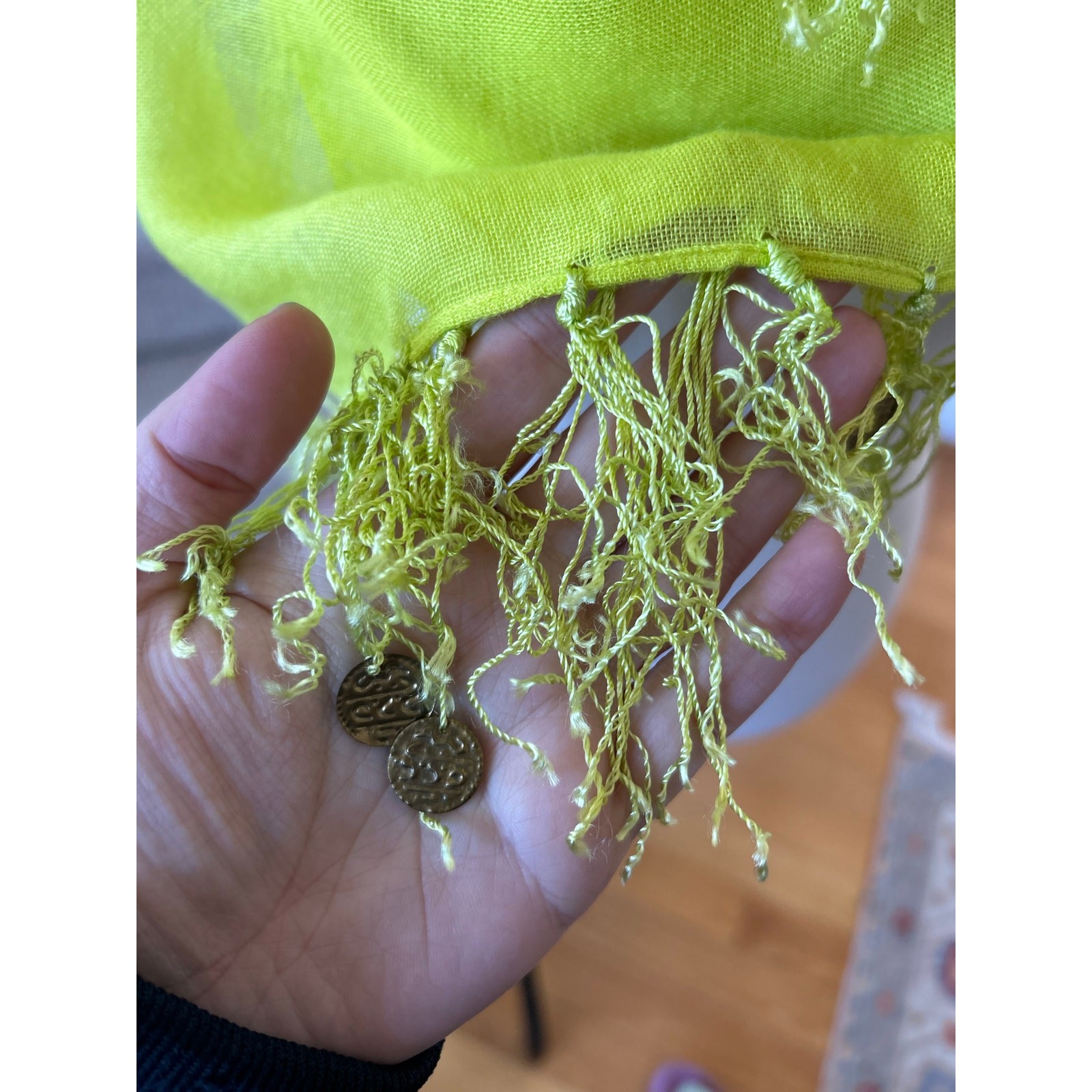 Echo Lime Green 42×42 Square Fringe Golden Coin Dangle Scarf