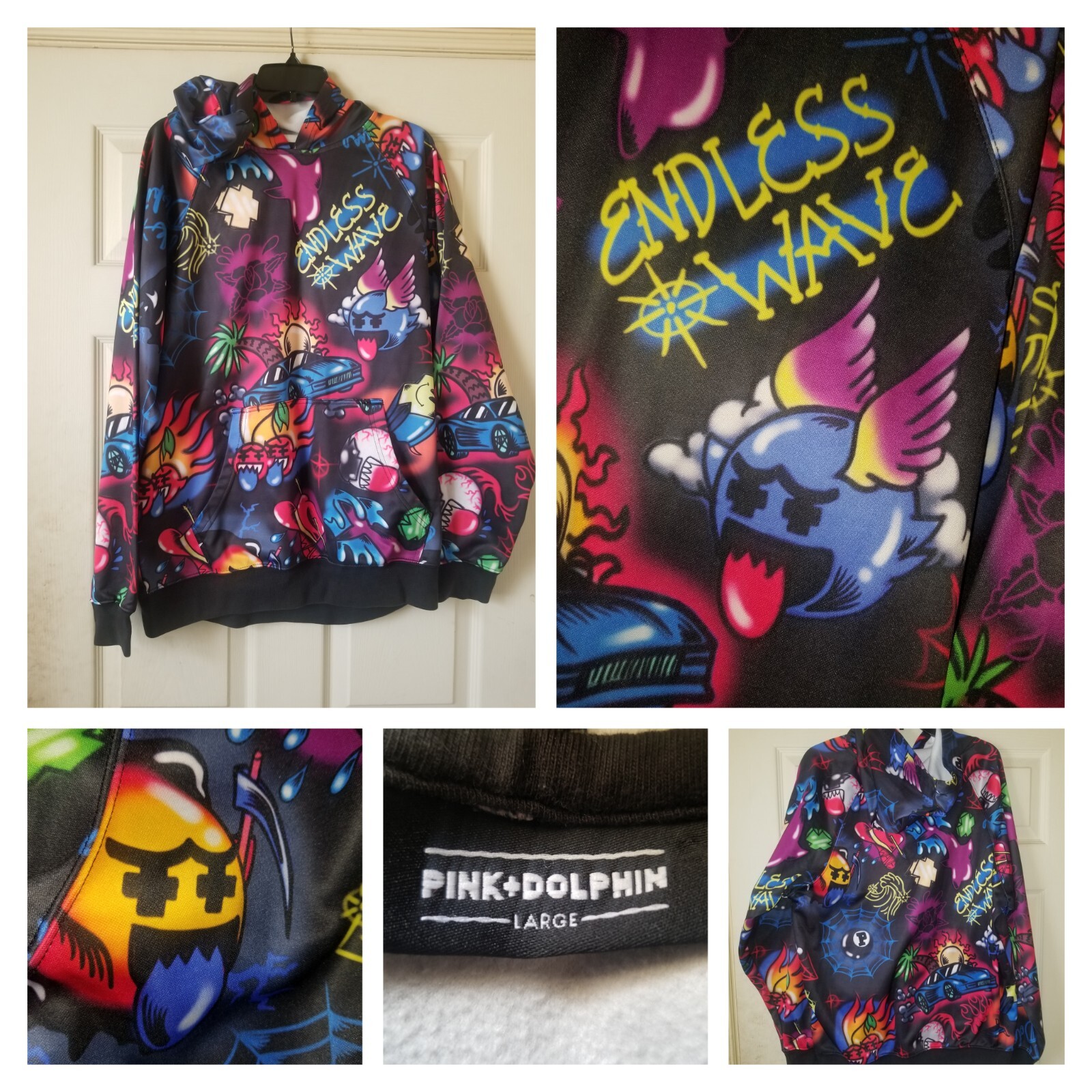 Pink Dolphin Hoodie Men Large Airbrush Graffiti AOP Streetwear Art Skater