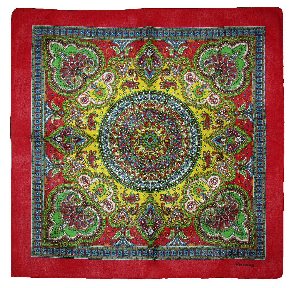 22″x22″ Ornate Paisley Mosaic Multi Color Red Border Bandana