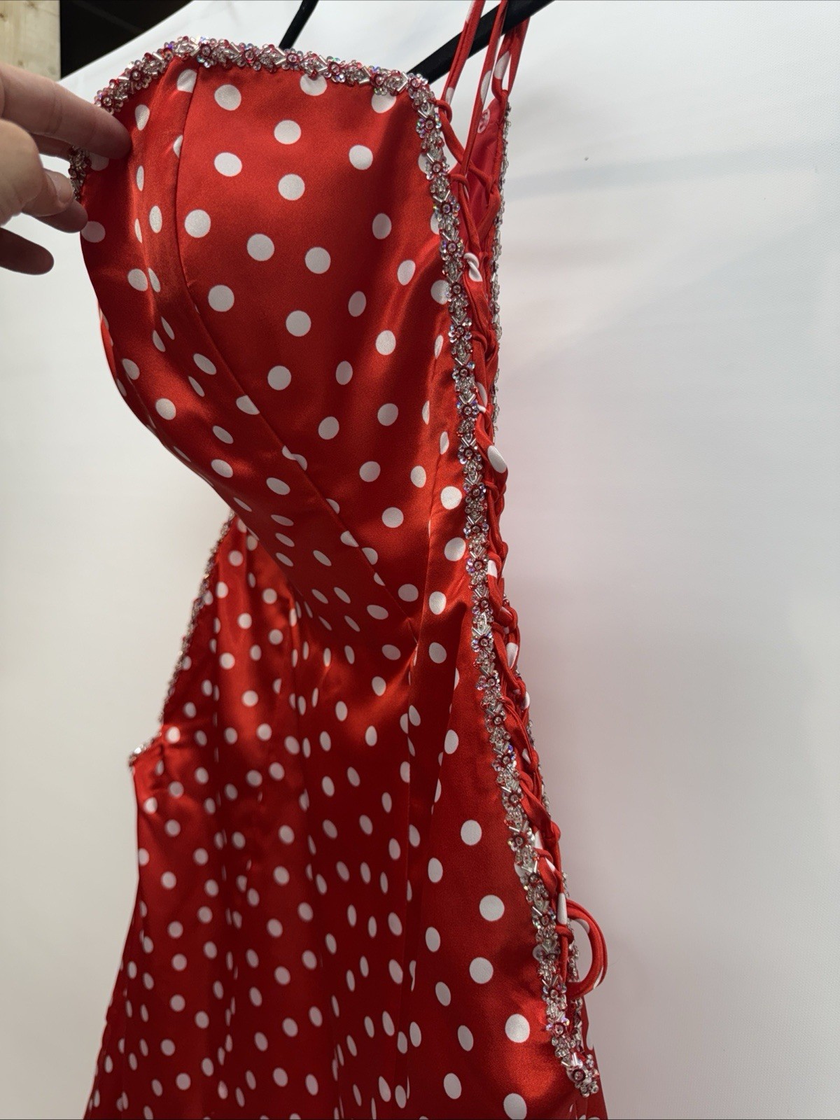 Mori Lee Formal Gown Maxi Dress Sz 13/14 Red White Polka Dot Beaded Sides LaceUp