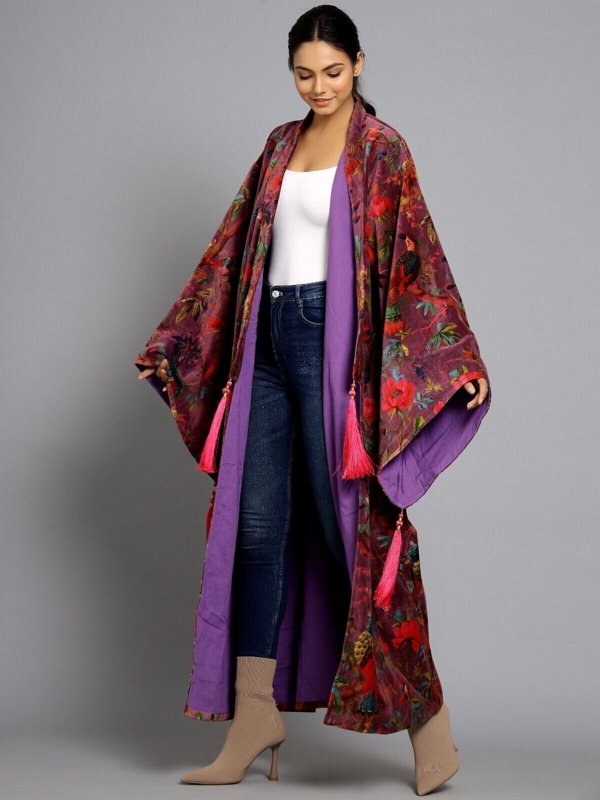 OFMD Maroon Bird Print Velvet Banyan Kimono Original OFMD Break Up Robe Jacket