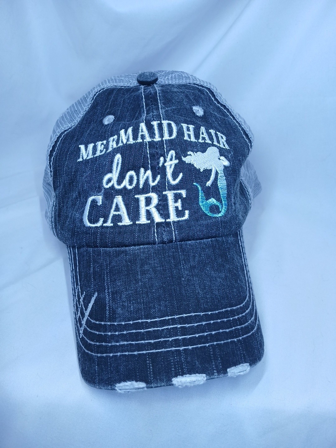 Mermaid Hat Trucker Hair Don’t Care Cap Black Logo Distressed Adjustable Katydid