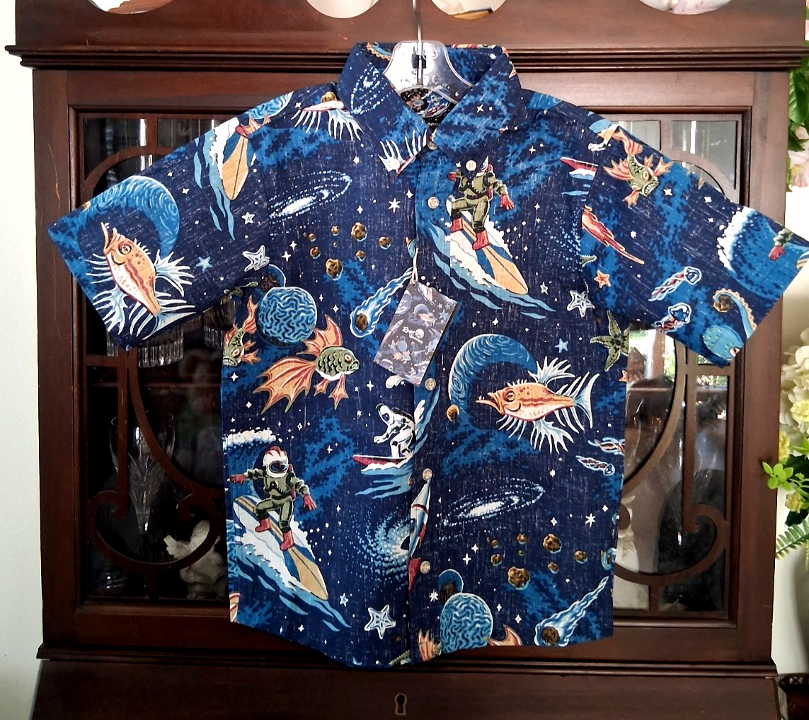 Reyn Spooner Boy’s “COSMOS CRUISIN” NAVY What It’s Like To Surf In Space Shirts