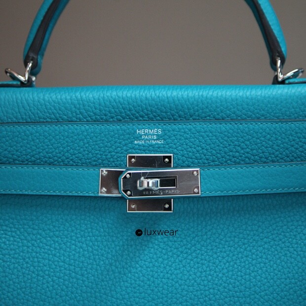 HERMES KELLY Paon Blue 32cm with silver hardware