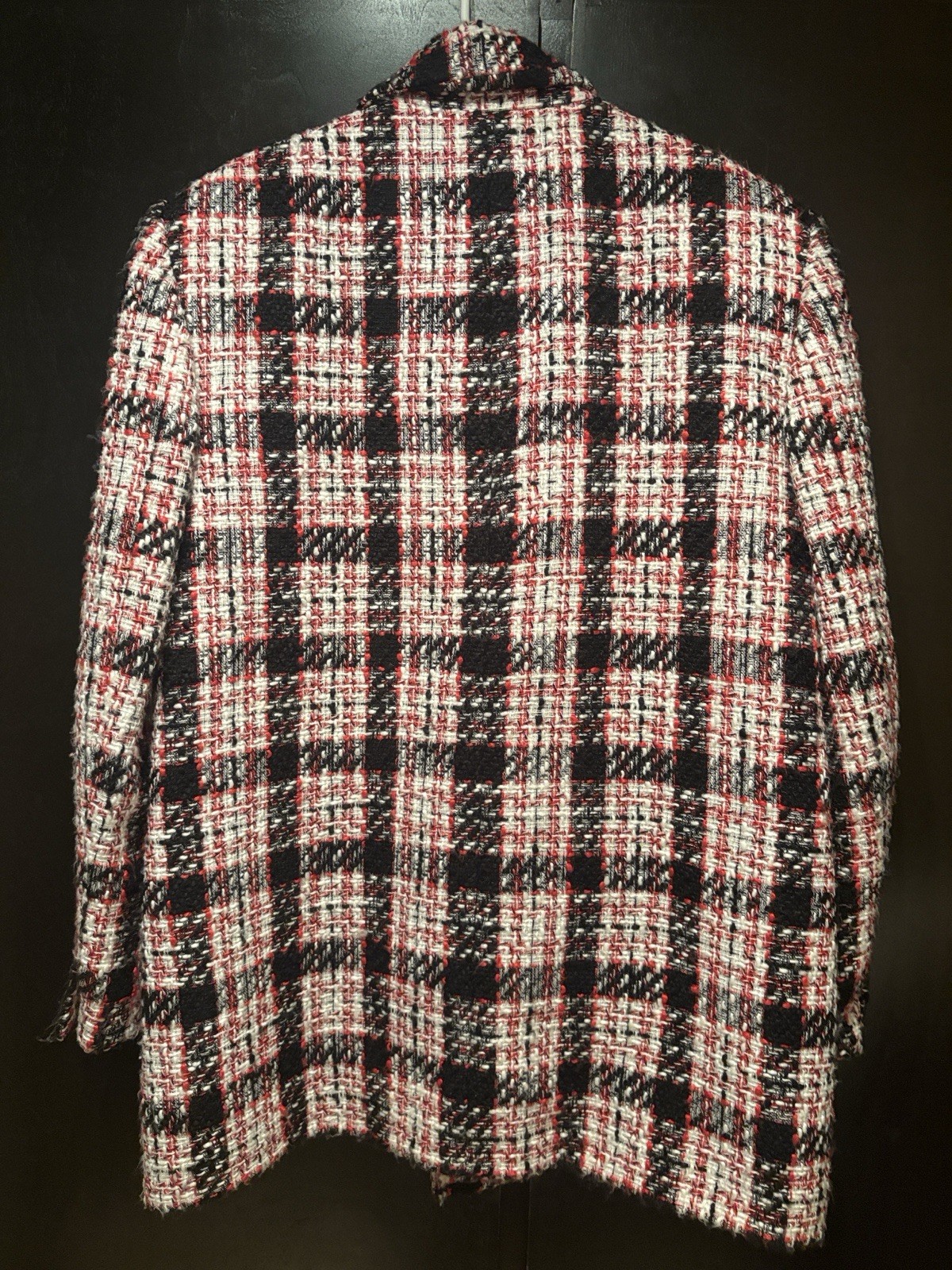 ZARA Women’s Plaid Blazer Jacket L Black White Red Lined Button Pockets