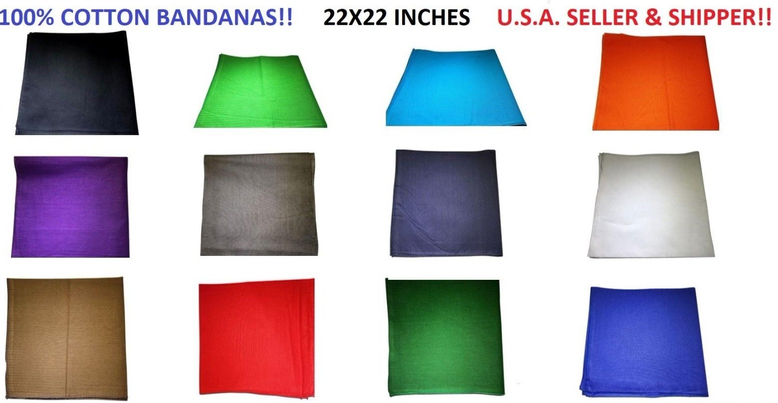 Solid Plain Color 12 pack 100% Cotton Bandanas (17 Different Colors Available)