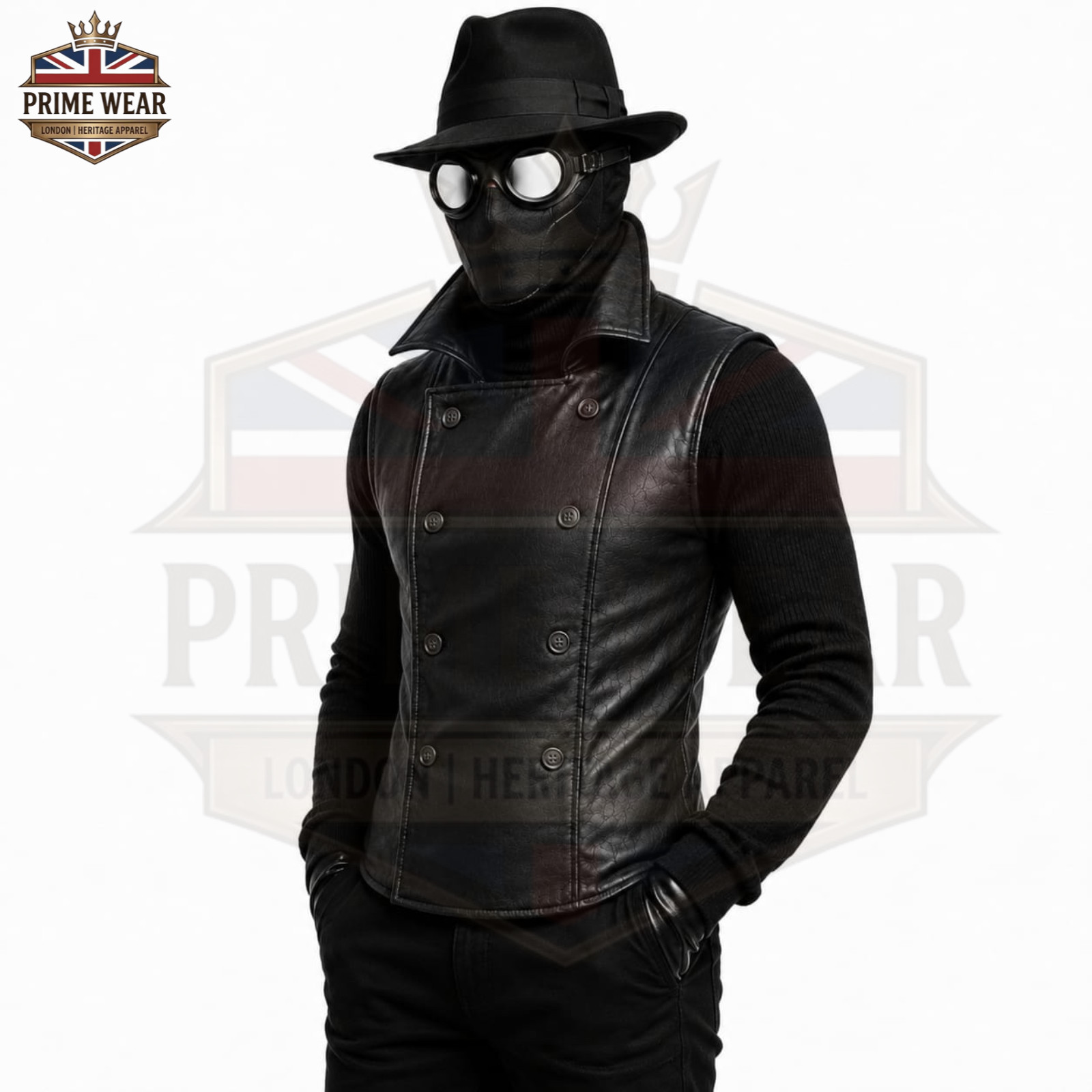 Men’s Black Genuine Spider Noir Leather Double Breasted Sleeveless Vest