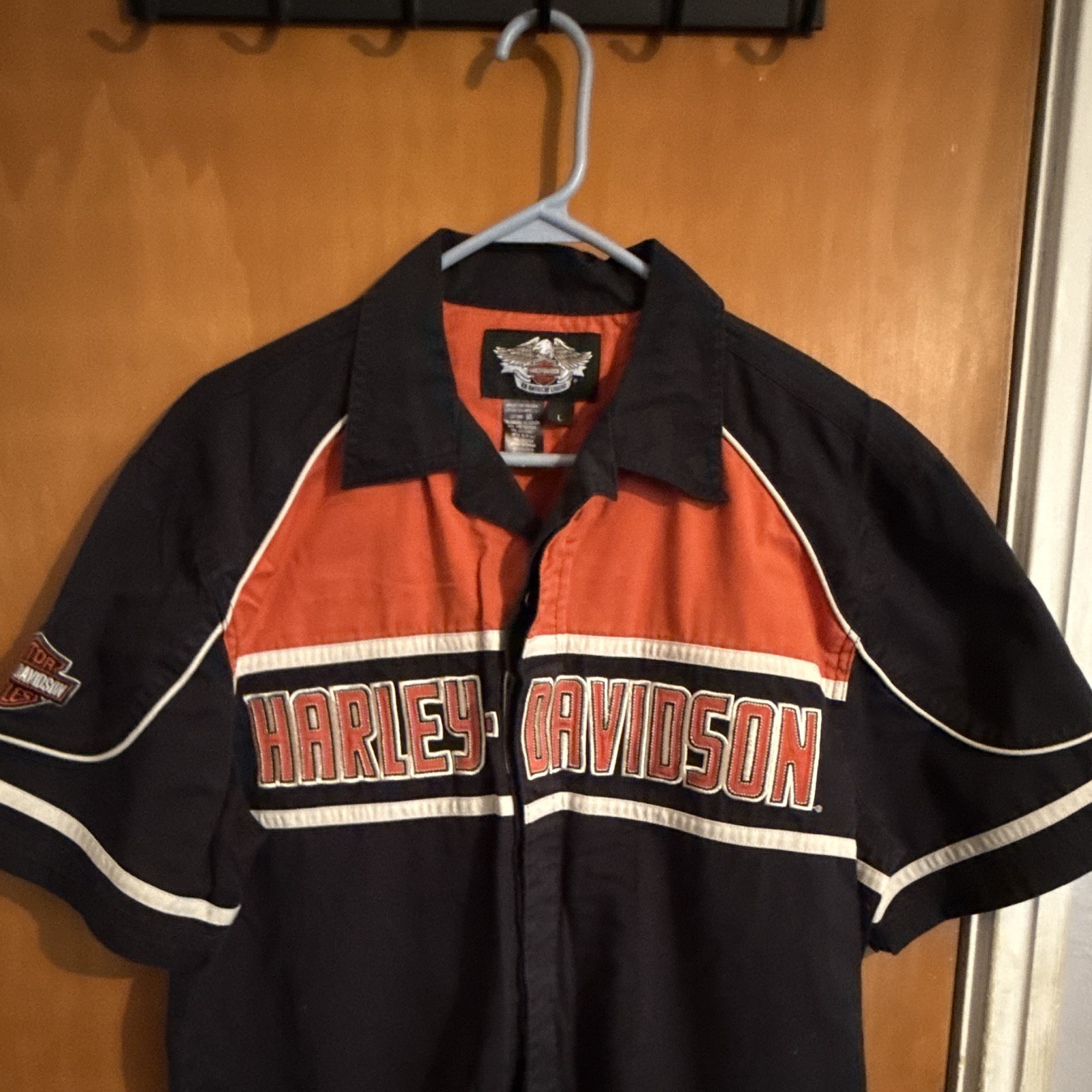 Harley-Davidson Men’s L Regular Black/Orange/White Colorblock SS Button-Up Twill