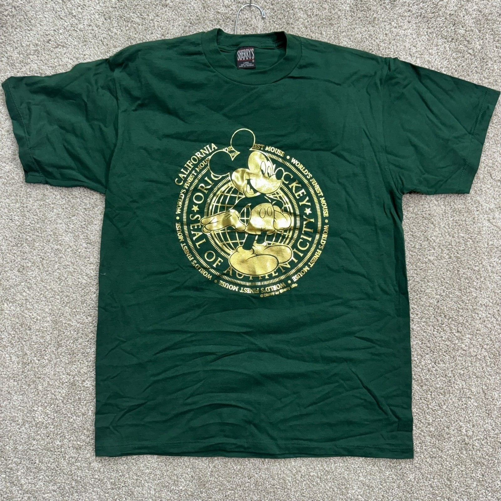 Sherry’s Best Mickey Mouse T Shirt Men Large Green Gold Seal of Authenticity USA
