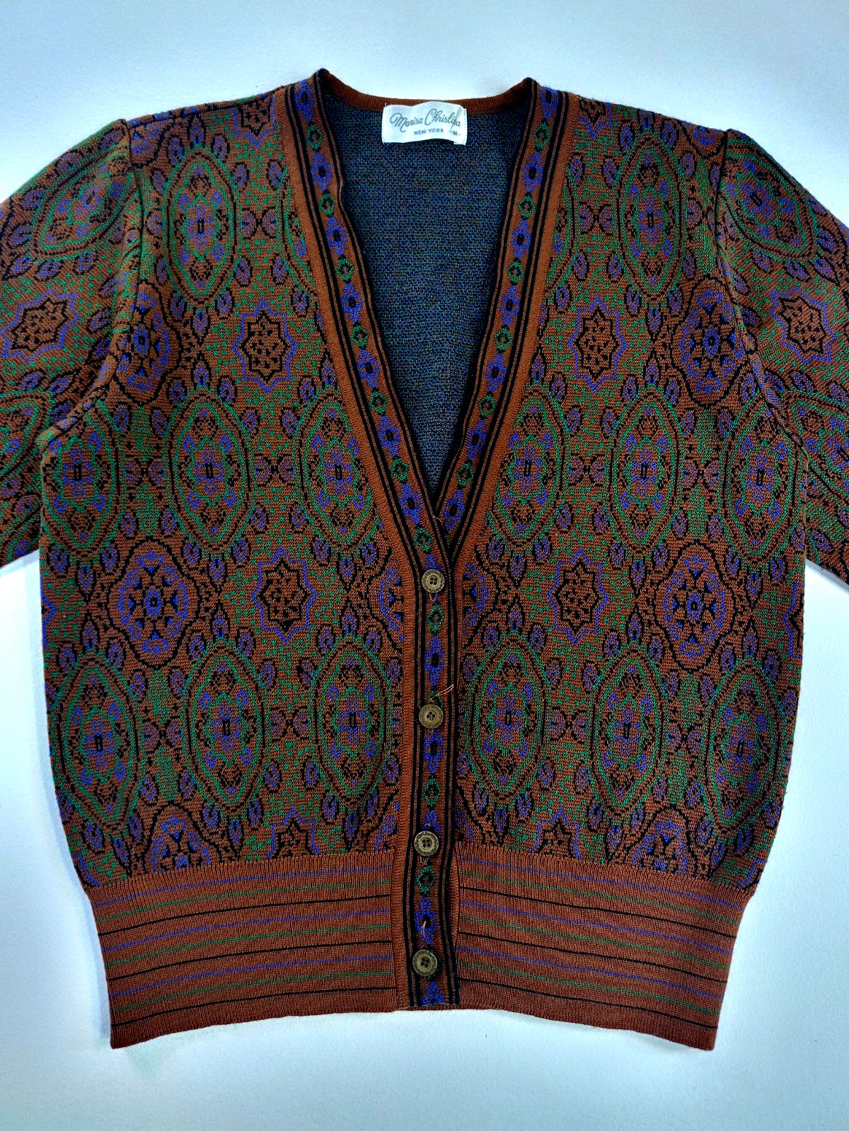 VTG Marisa Christina New York 100% Pure New Wool Geometric Knit Cardigan Women’s
