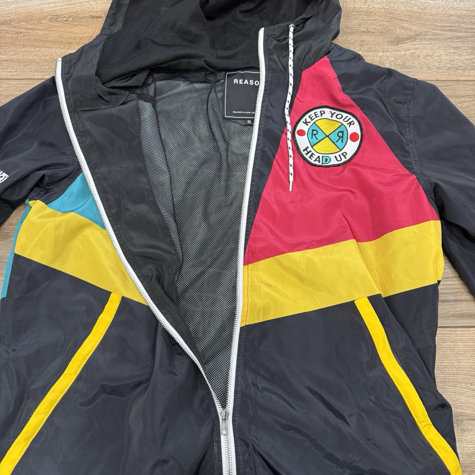 Reason Jacket Men Medium Black Neo Abstract Windbreaker Hip Hop Streetwear Y2K