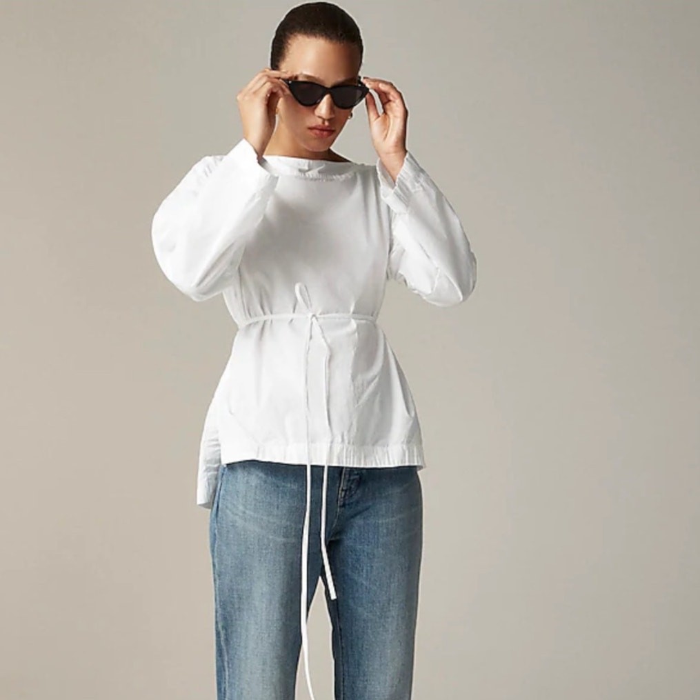 J.Crew Ciel Top WMNS M White Poplin Boatneck Side Button Waist Tie Long Sleeve