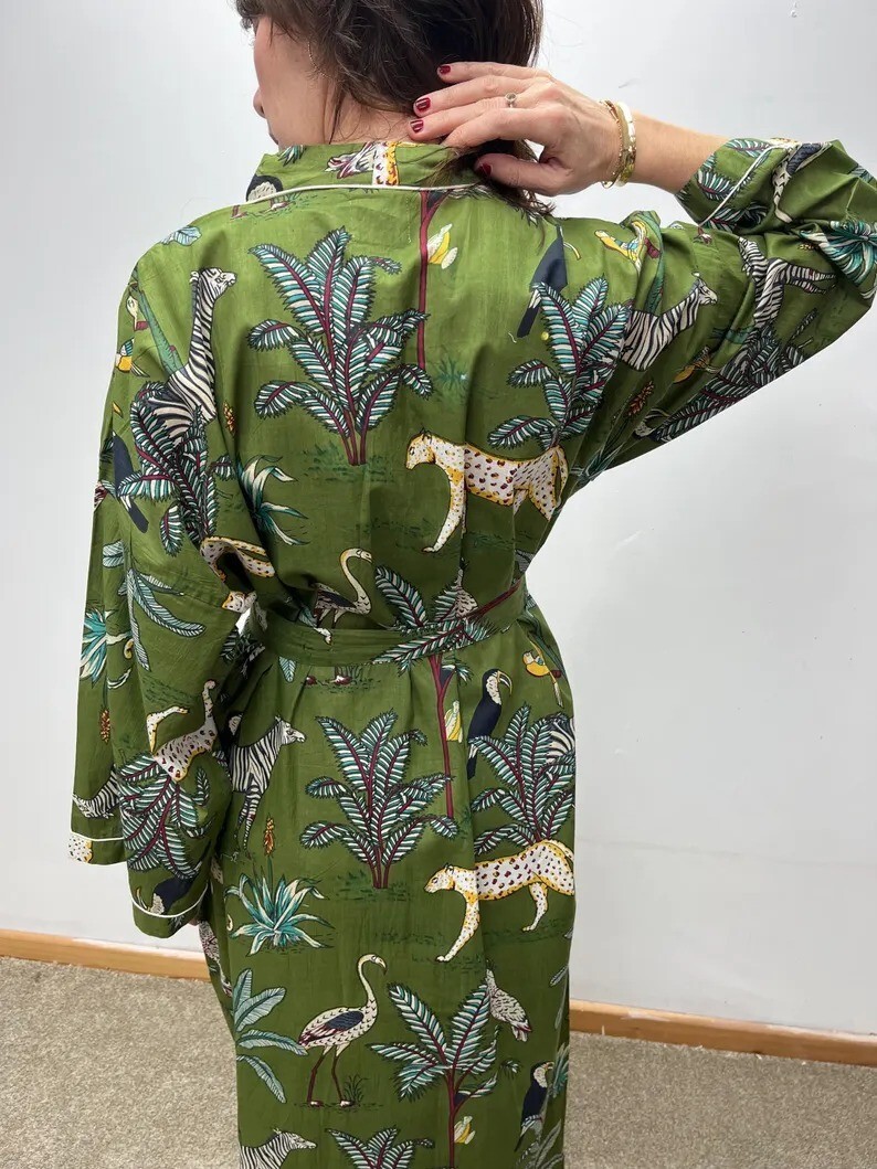 Green Tiger Cotton Robe Long Kimono Indian Sleepwear Night Suit Kimono Robes US