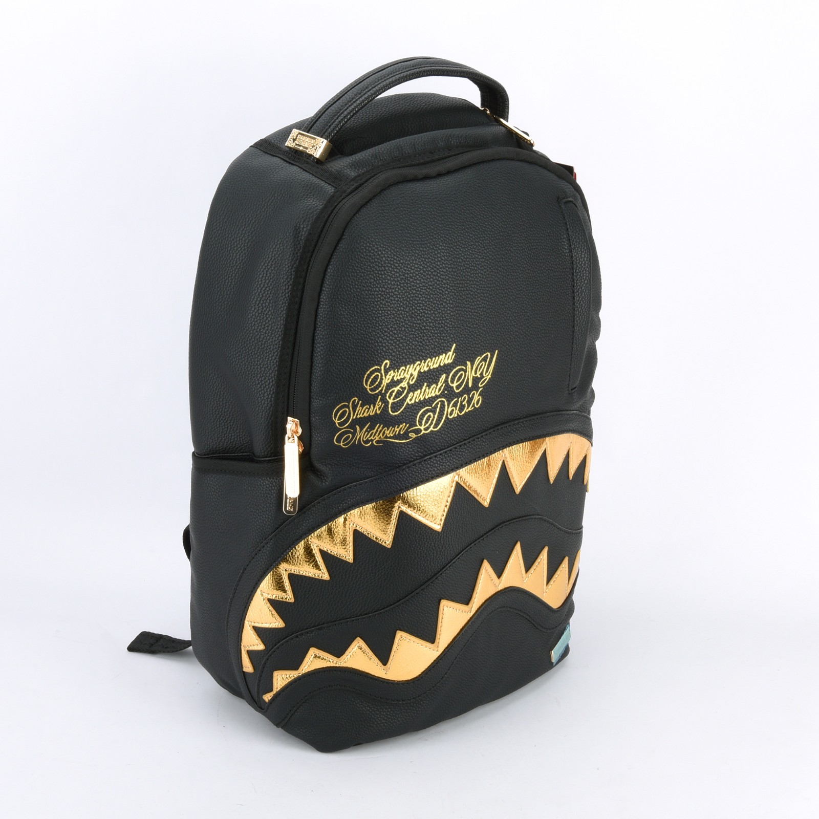 Sprayground Shark Central Gold DLXSV Leather Bag zipper Backpack Unisex Black