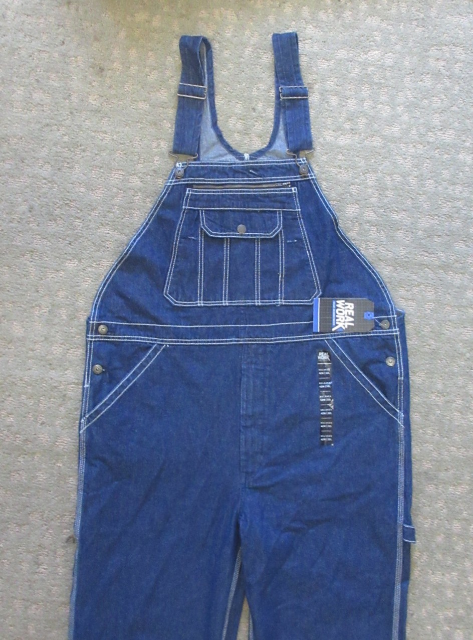 Real Work Men’s Denim Bib Overalls Carpenter Zip Fly Size 42×32 Relaxed Fit NWT