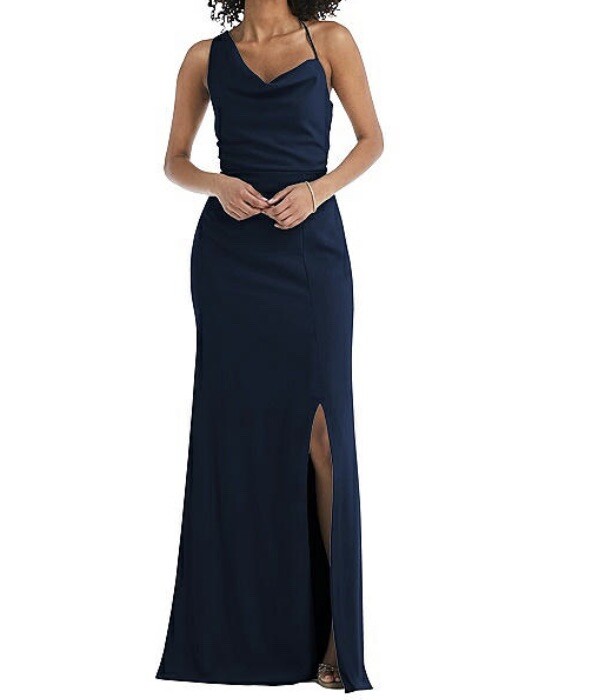 After Six NWT bridesmaid 1 Shoulder Sz 4 Draped Cowl Neck Maxi Midnight 6849