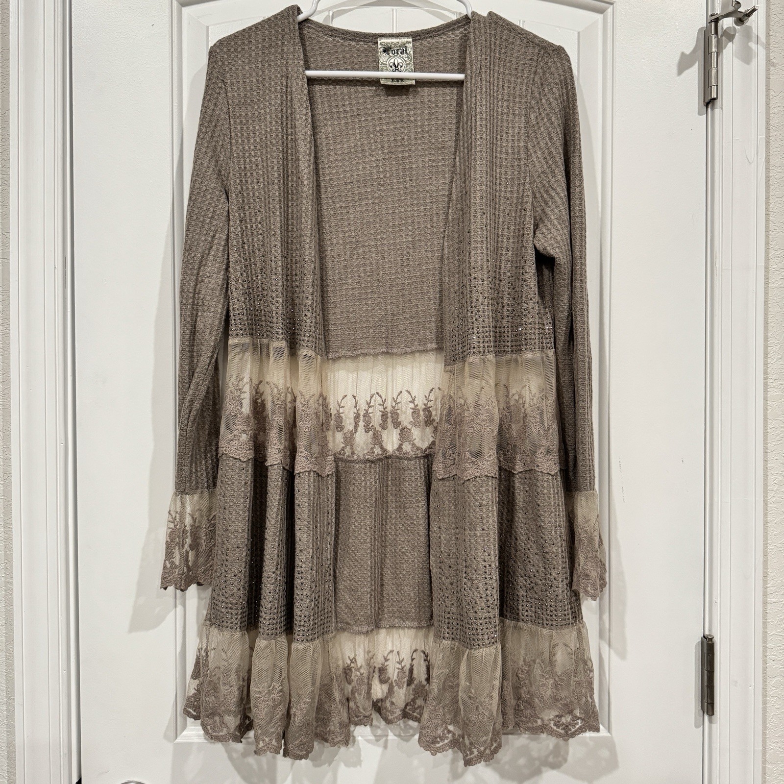 Vocal Beige All Over Lace Sequins Boho Duster Cardigan Jacket Women’s Small Y2K
