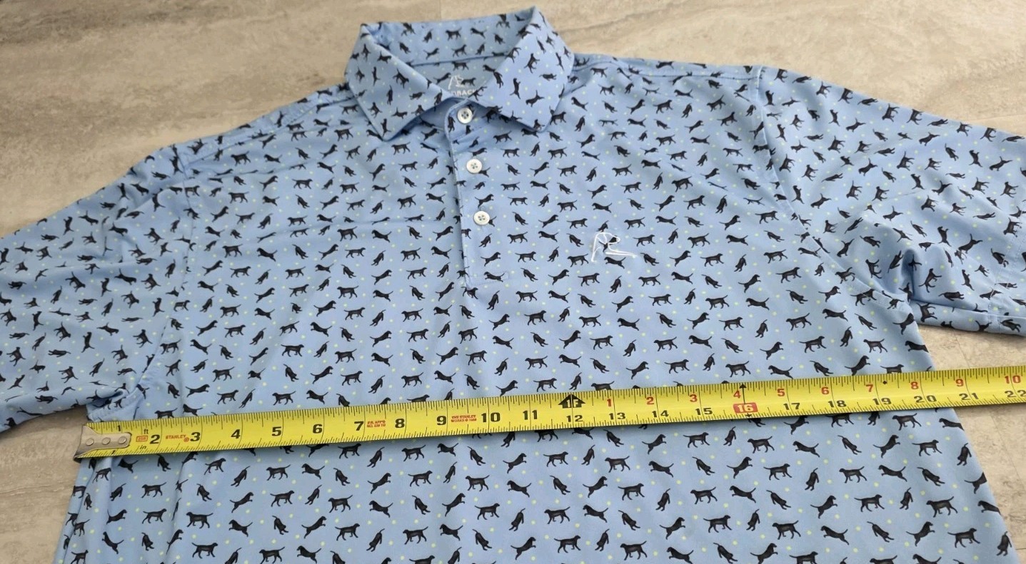 Rhoback Men’s Golf Polo Size Medium Blue All Over Dog Print Stretch Performance