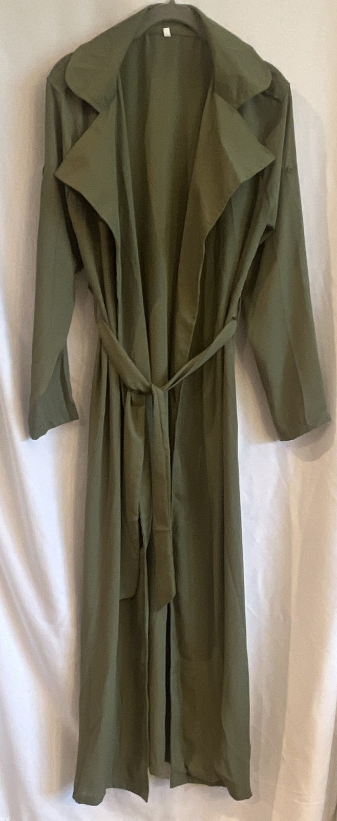 Women’s Green Long Polyester Trench Coat Solid Classic Belted Tie Closure Size L