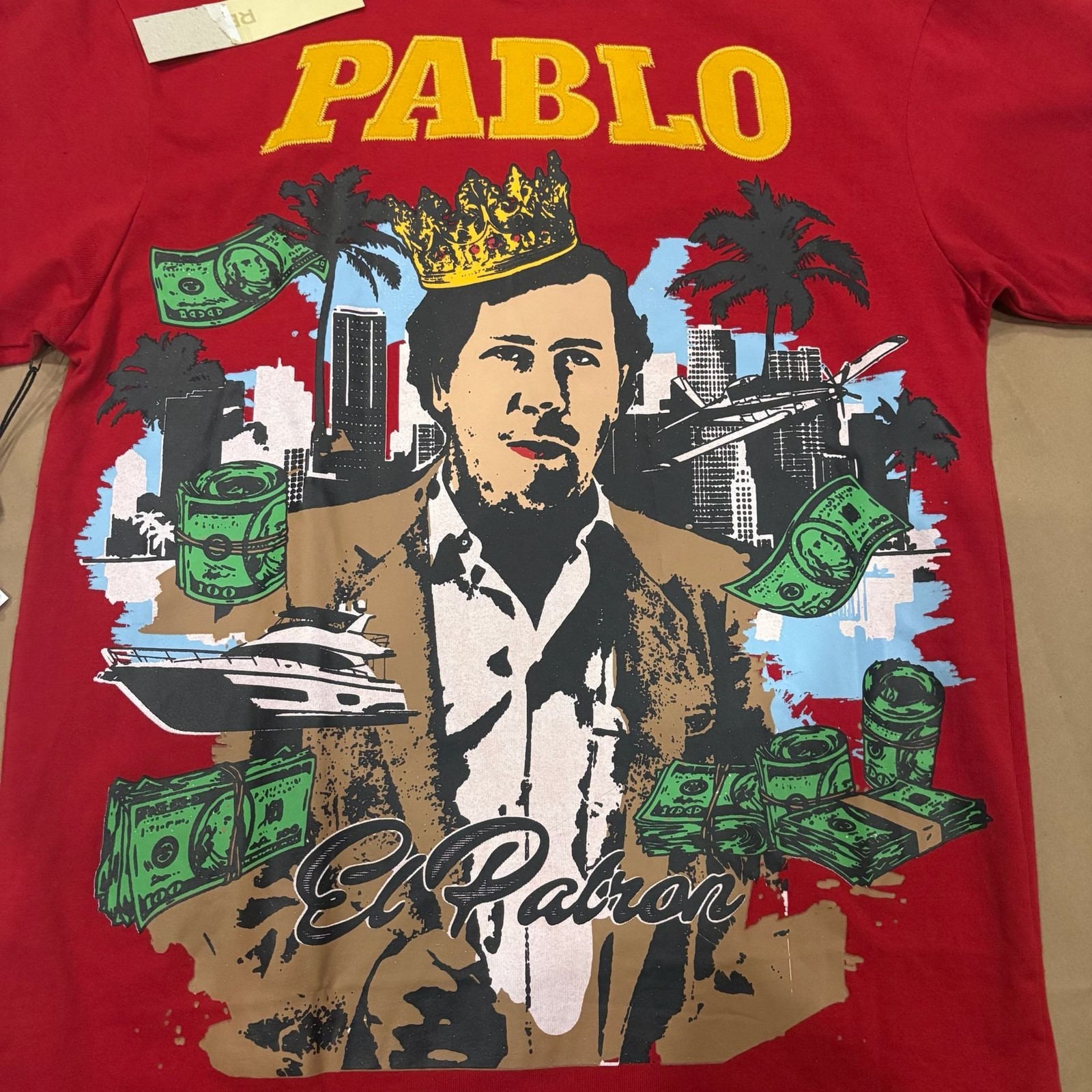 Reason Brand Pablo Escobar El Patron Embroidered Graphic T-Shirt Red