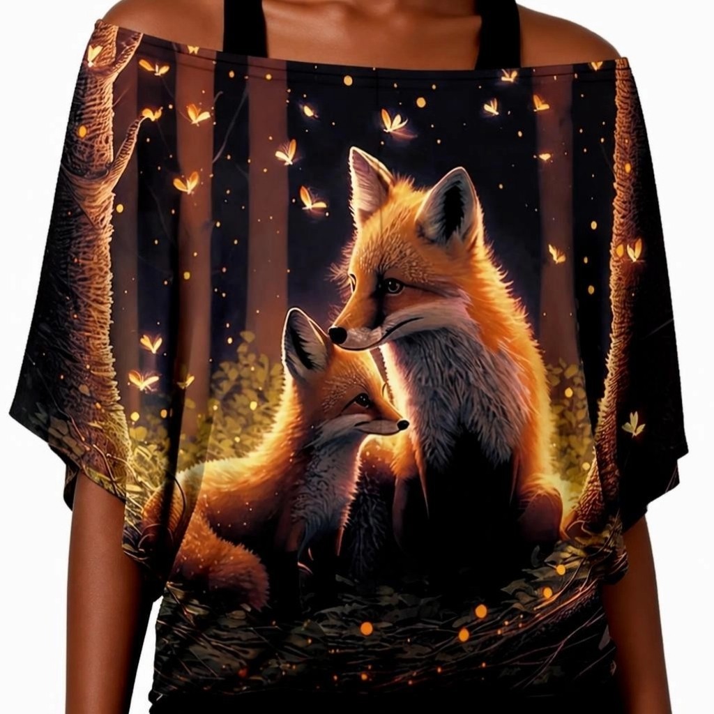 Women’s Fox Print Cold‑Shoulder Blouse – Size LG – NW