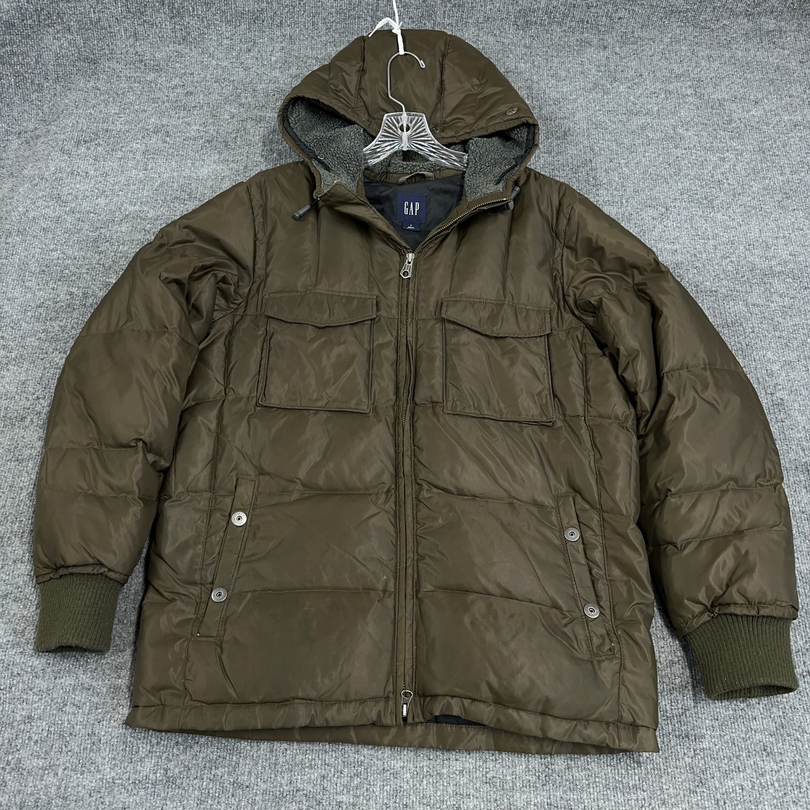 GAP Parka Coat Men Small Olive Green Military Puffer Jacket Down Hood Lined