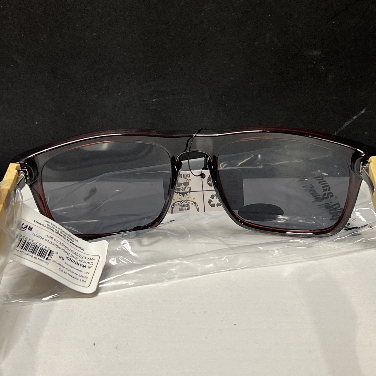 Pugs Premium PR1 Sunglasses with Brown/Bamboo Frame & Black Lenses New UV400