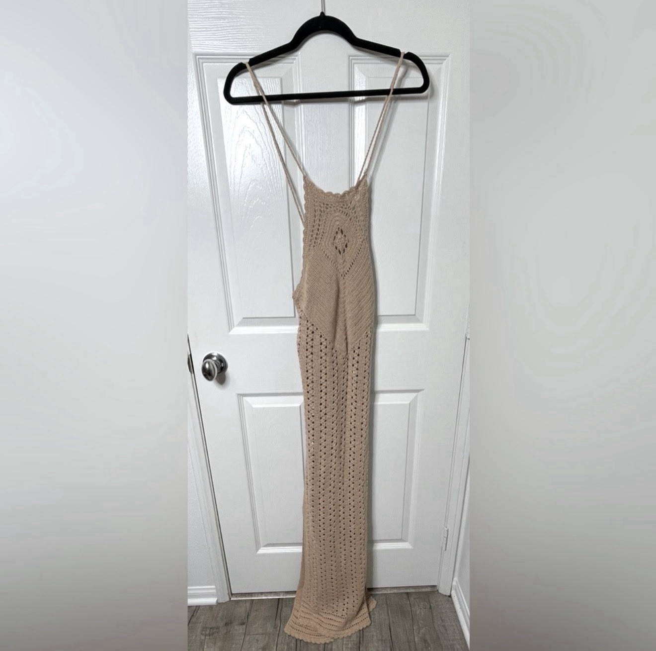 Spell & The Gypsy Collective Beige Crochet Halter Maxi Dress Tassel Open Back M
