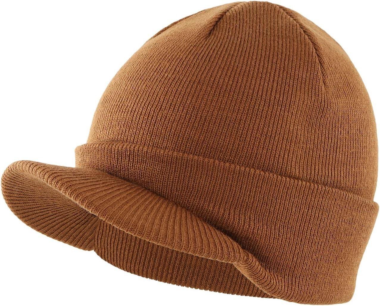Men’s Winter Beanie Hat with Visor Brim Warm Thick Knit Cuffed Watch Cap