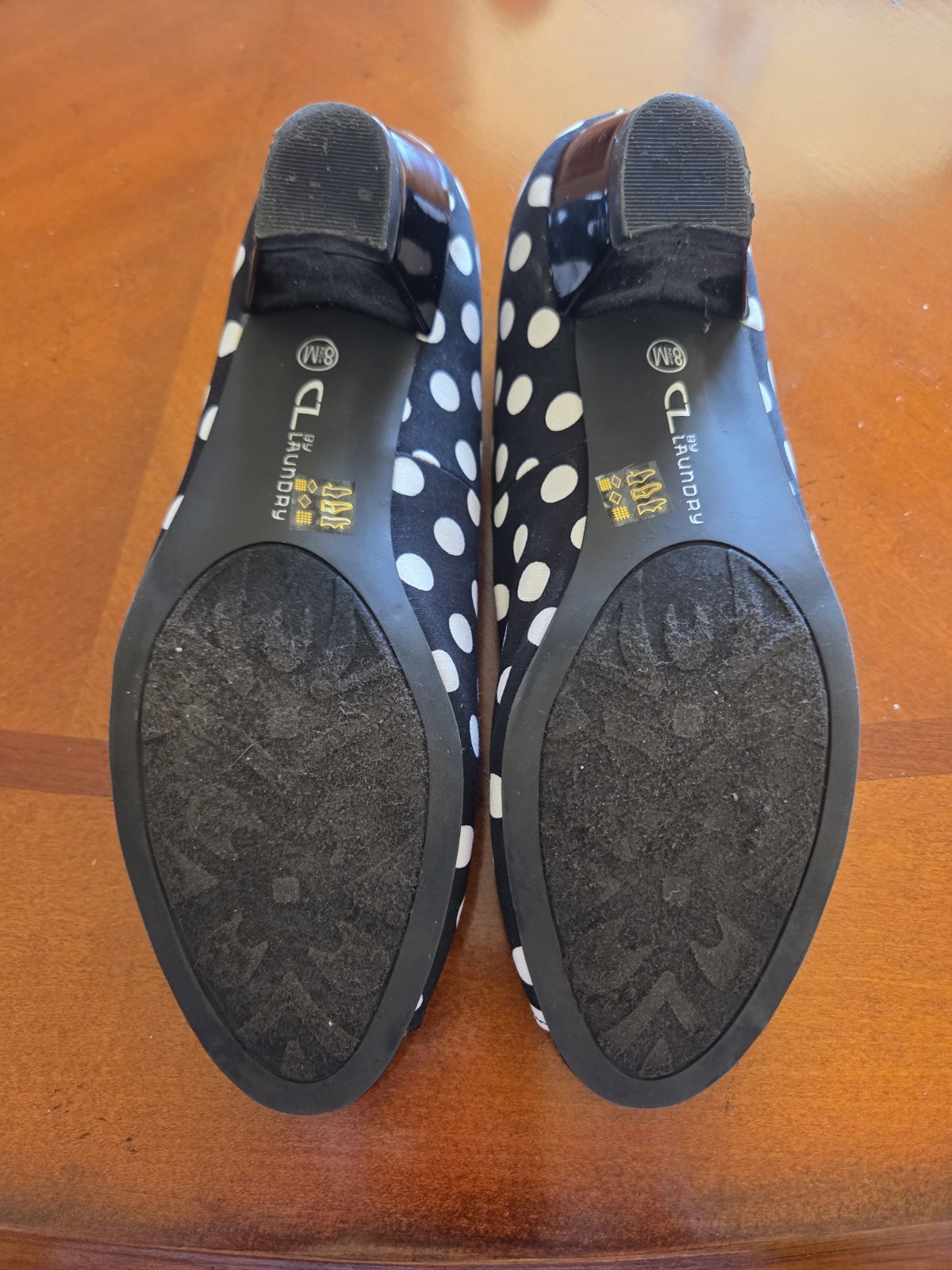 CL By Laundry Black White Polka Dot Heels Open Toe Size 8.5 Home Run