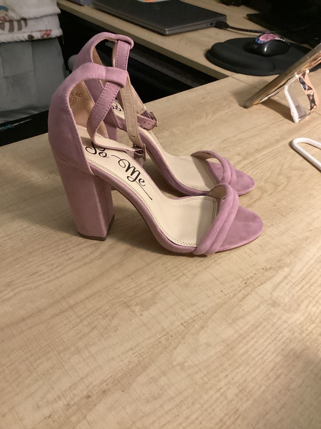 So Me Suede Ankle Strap Block Heels in Lilac