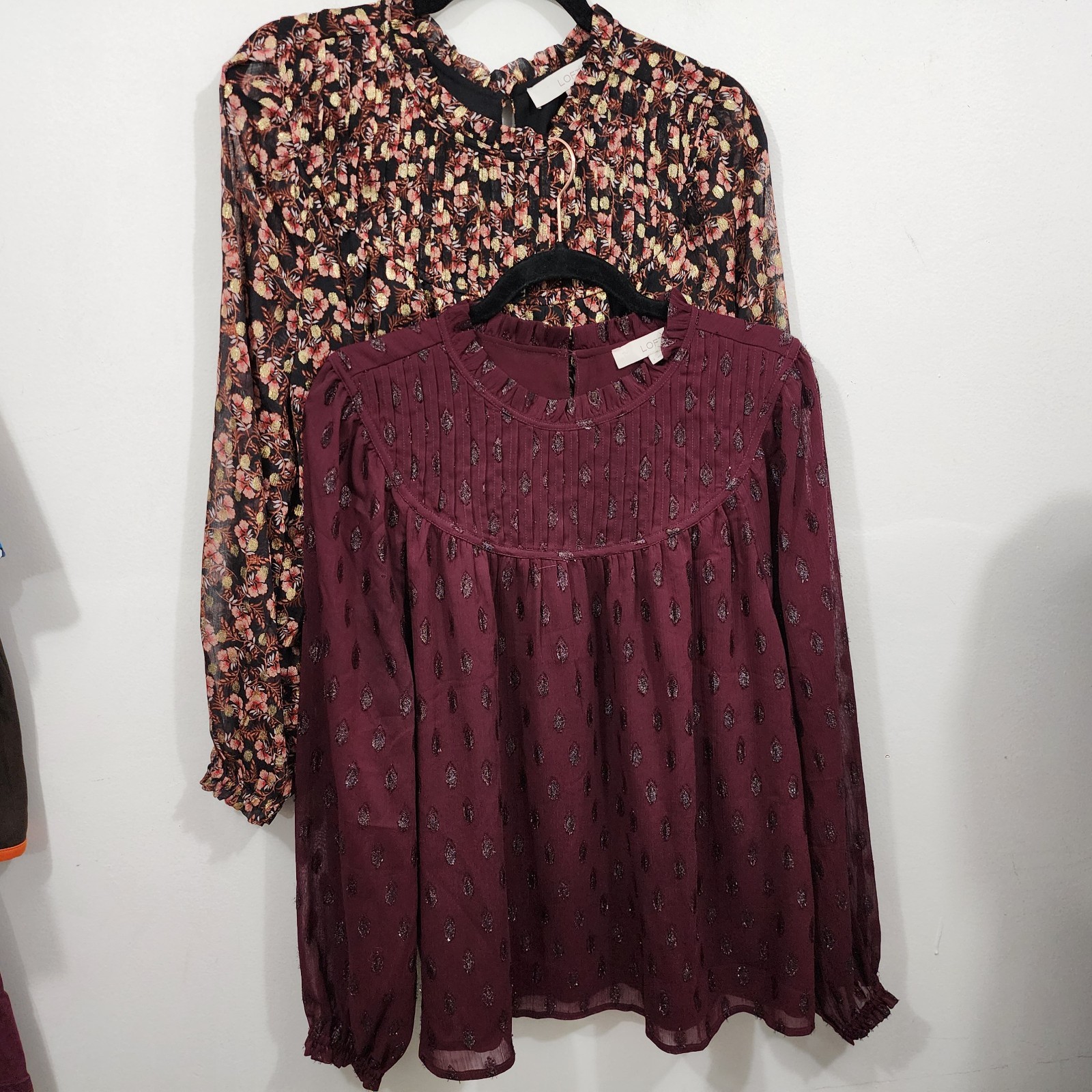 LOFT Shimmer Vine & Geo Clip Pleated Yoke Tops Set Womens L Long Sleeve Sheer