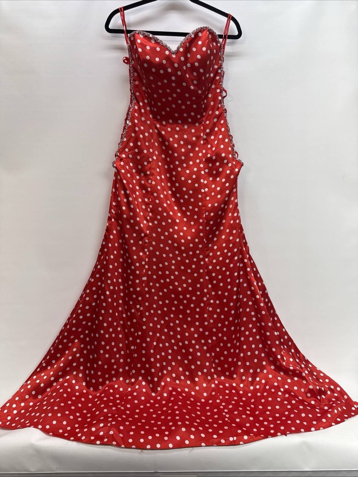 Mori Lee Formal Gown Maxi Dress Sz 13/14 Red White Polka Dot Beaded Sides LaceUp