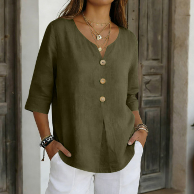 Womens Linen Button Down Shirt V Neck 3/4 Sleeve Loose Fit Casual Blouse Top