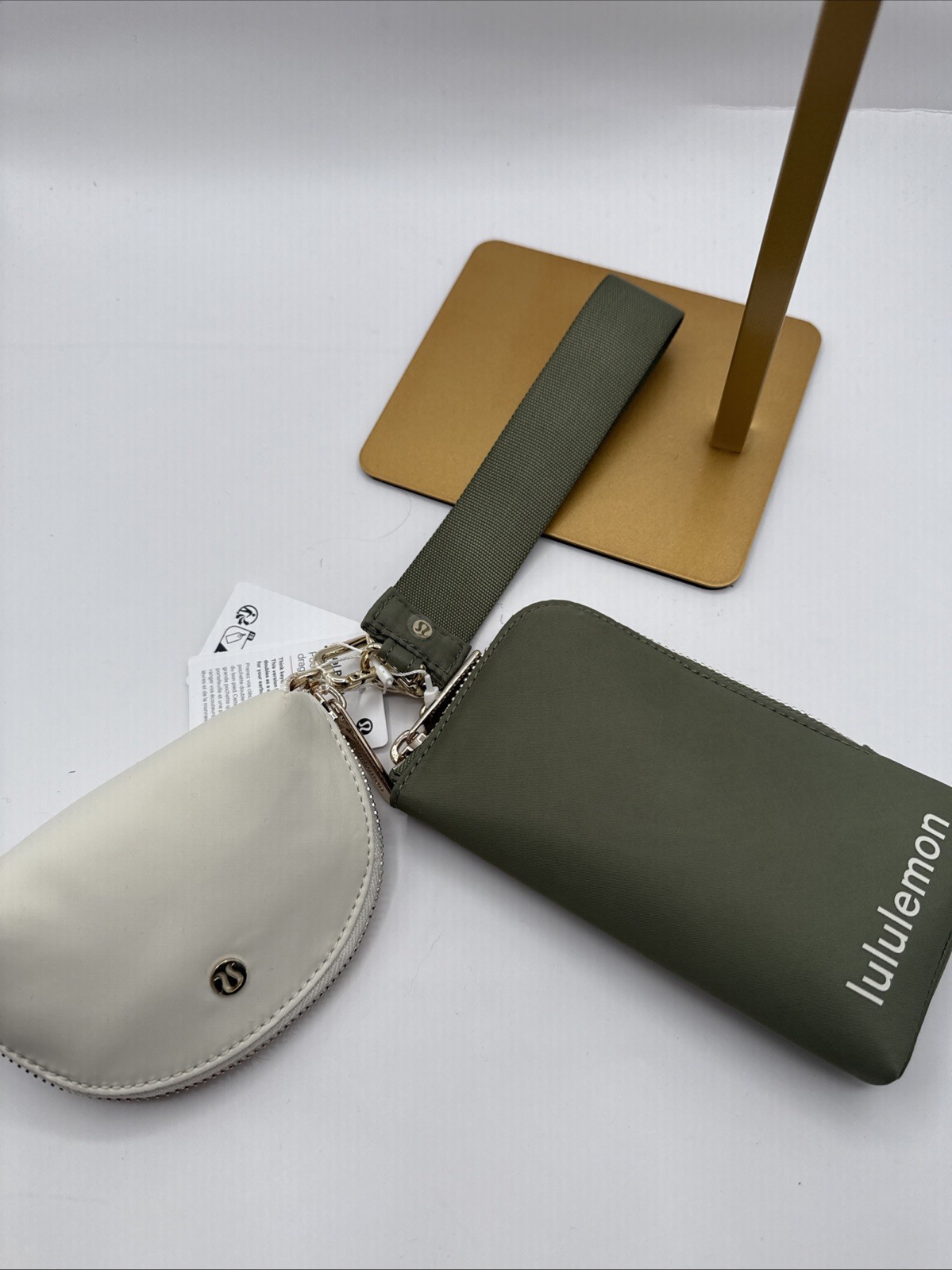 Lululemon Dual Pouch Wristlet Full Size Bayleaf Ivory Gold Hardware NWT