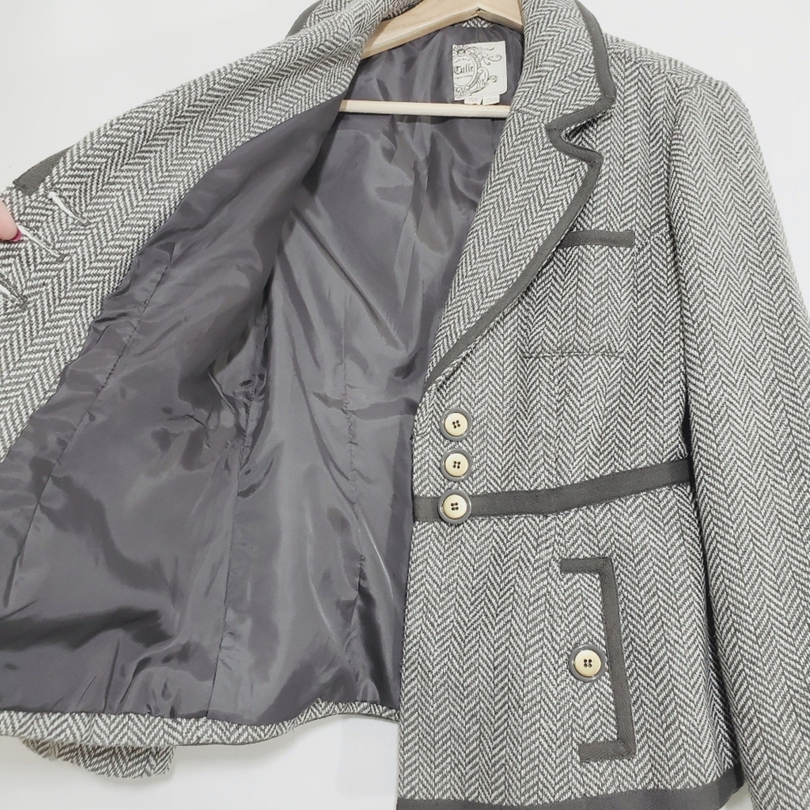 Tulle Size Medium Wool Blend Herringbone Pattern Contrast Trim Blazer