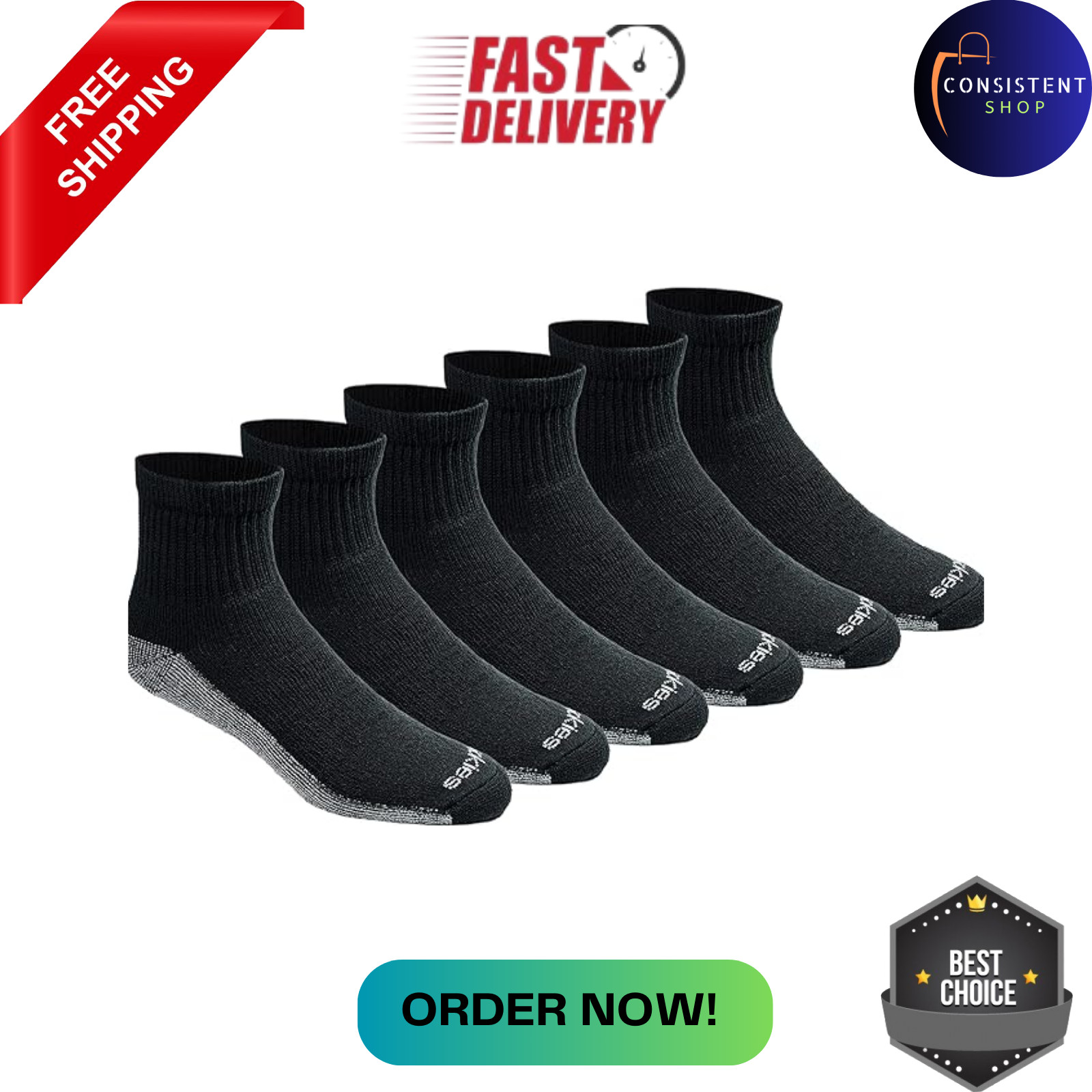 Dickies Men’s 6 Pack Dri-Tech Comfort Quarter Socks Black Fits Shoe Size 6-12 US