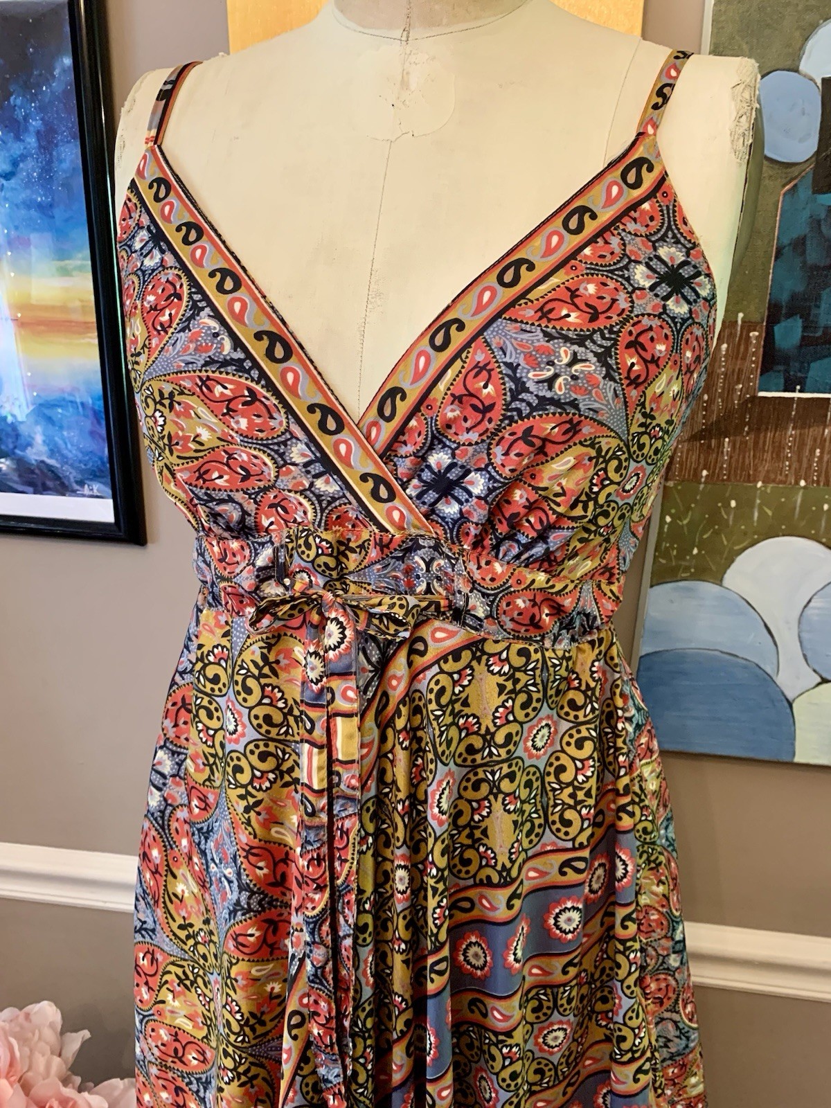 Boho Patchwork Maxi Dress Earth Tone Ruffle Festival Medium Soft Fabric