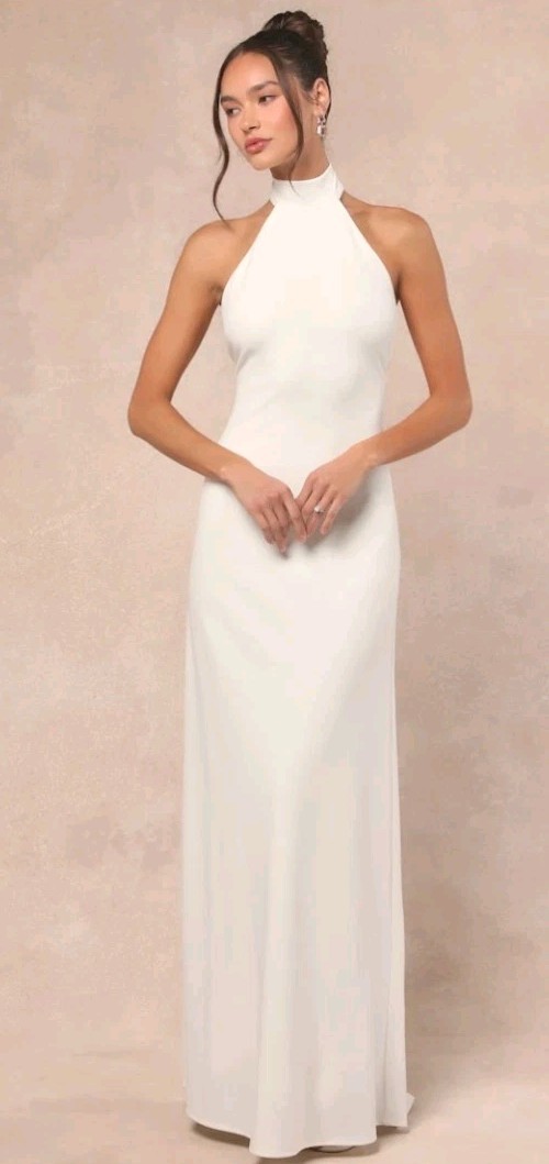 Lulus Alaura White Solid Backless Halter Sleeveless Woven Maxi Wedding Dress L