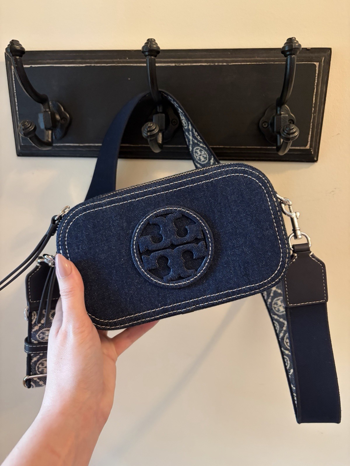 Tory Burch Blue Logo Small Crossbody Bag Zip Closure Silver Hardware Det Strap