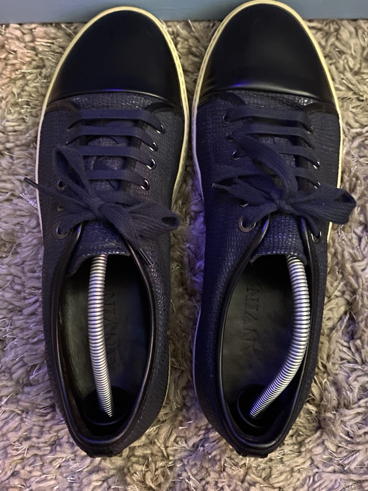 LANVIN Mens DBB1 Navy Embossed Leather Lace Up Sneakers Size UK 10 US 11