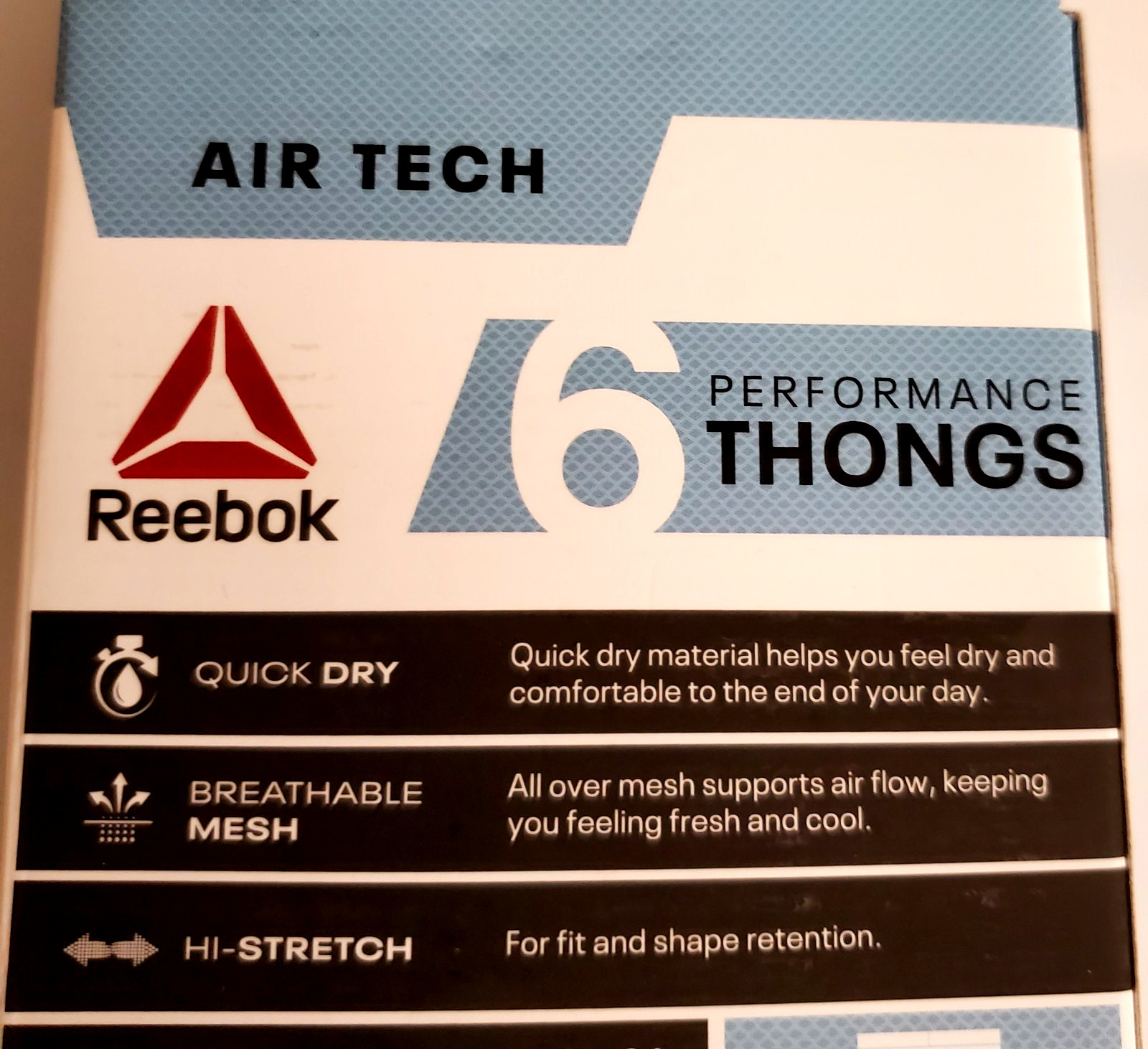 NIB-6 Reebok Air Tech Performance Thongs Quick Dry, Hi-Stretch Mesh- Size Med.